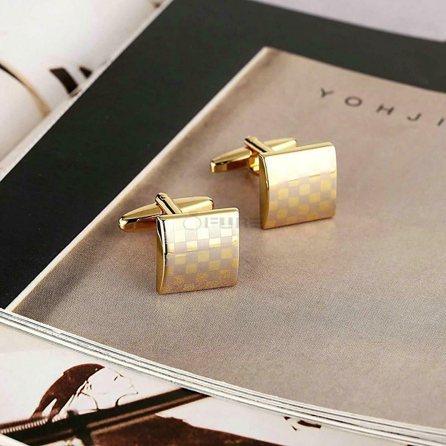 Classic Square Checkered Cuff Link 18Ct Gold Plated Men'S Formal Gift Cufflinks