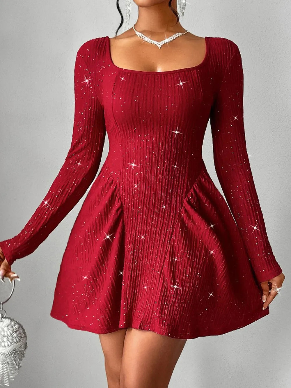 Long sleeved square neck dress sexy dress solid color autumn
