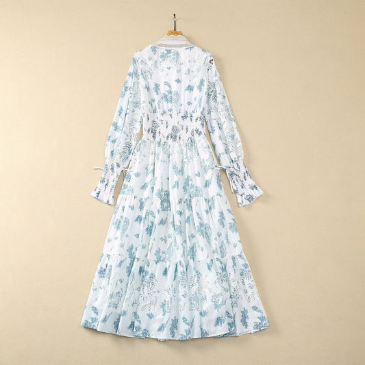 Smocking Elastic Waist Long Sleeve Chiffon Stitching Dress