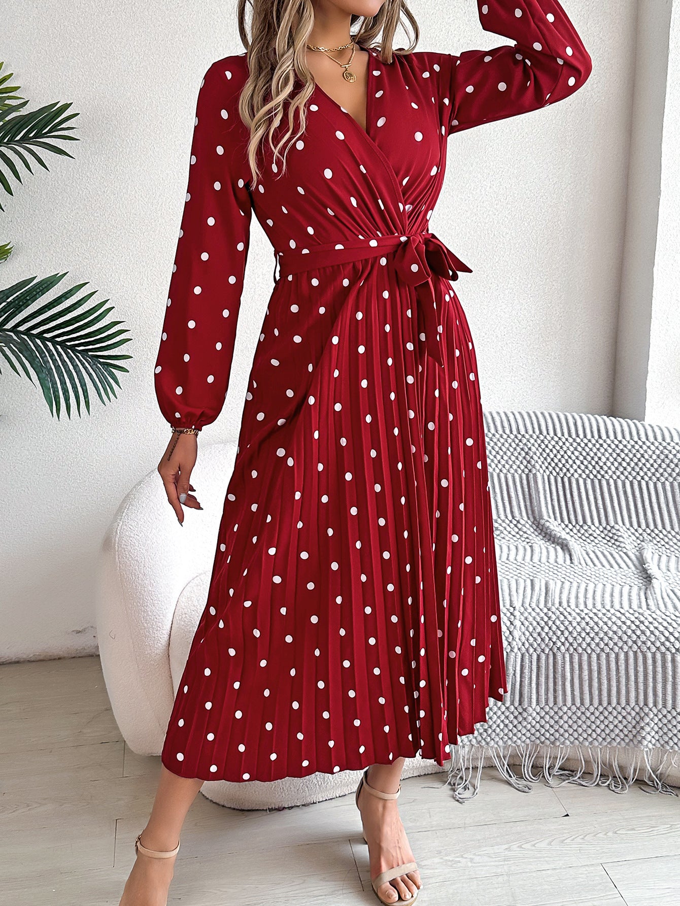 Elegant Contrast Color Polka Dot Cross V-neck Pleated Maxi Dress For Women