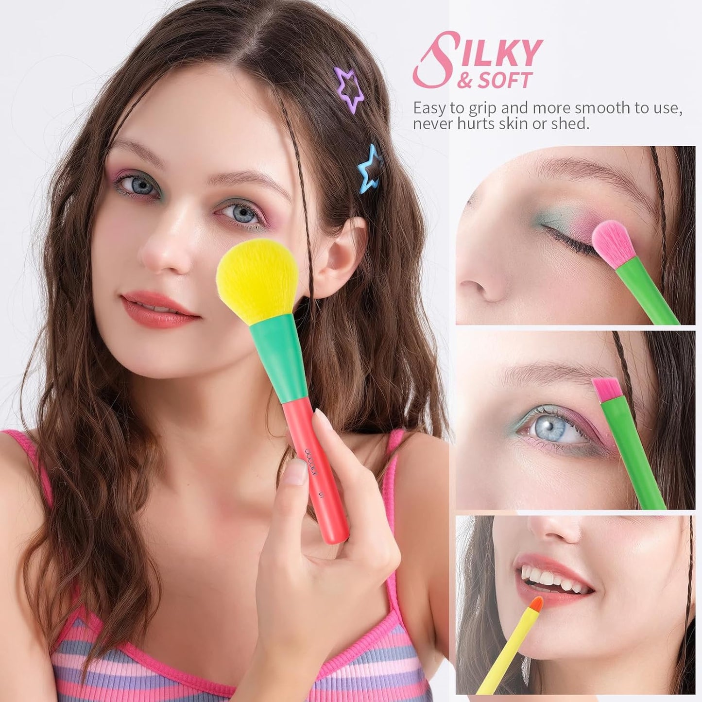 Makeup Brushes 15Pcs Colourful Makeup Brush Set Premium Gift Synthetic Kabuki Foundation Blending Face Powder Blush Concealers Eye Shadow Professional Make up Brush - Dream of Color