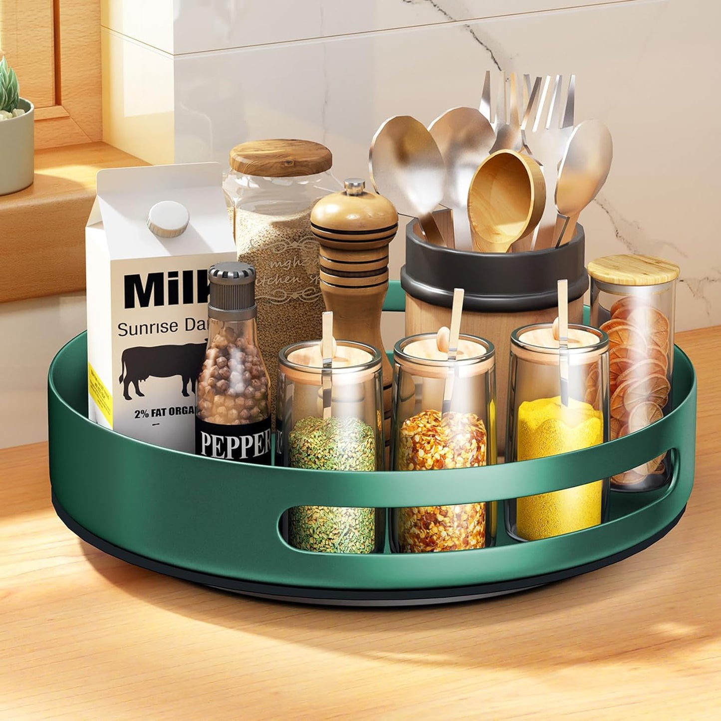 Lazy Susan Organizer Metal Steel Turntable, Rotating Spice Racks for Pantry Cabinet Cupboard Organizer Table 10 Inch Dark Green