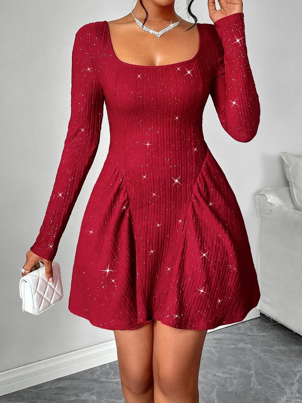 Long sleeved square neck dress sexy dress solid color autumn