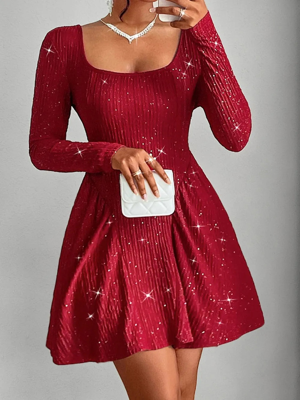 Long sleeved square neck dress sexy dress solid color autumn