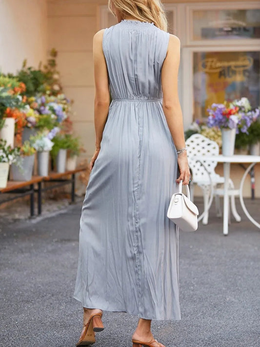 V-neck sleeveless vest dress women's high waisted elegant gray long skirt