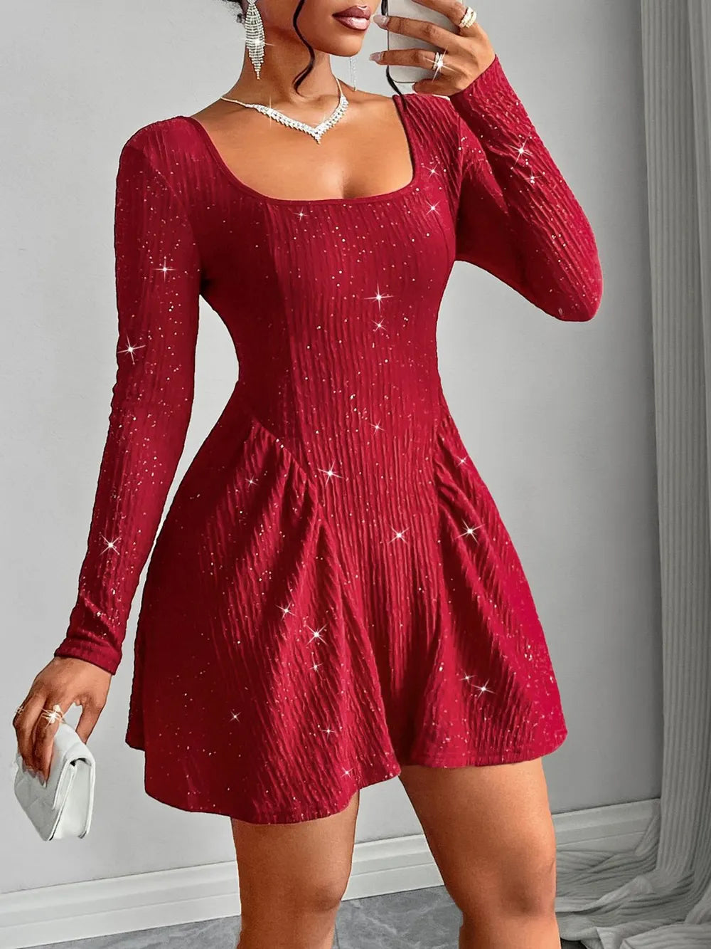Long sleeved square neck dress sexy dress solid color autumn