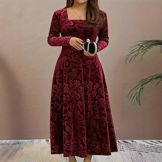 New Elegant Pure Color Jacquard Long Sleeve Square-neck Dress