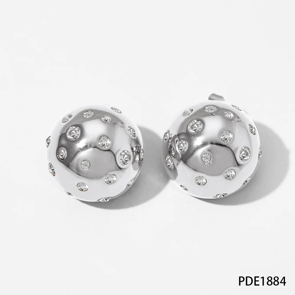 New Stainless Steel Round Shape Stud Earrings For Women Shiny Rhinestone Gold Plated Polished Hoops Ear Buckle Wed Jewelry