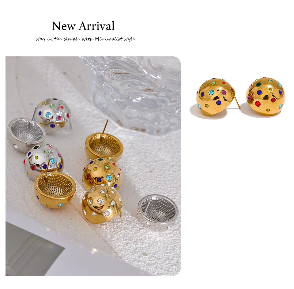 Yhpup Colorful Bling Cubic Zirconia Stainless Steel Half Round Half Empty Stud Earrings High-Grade Luxury Trendy Jewelry Gift