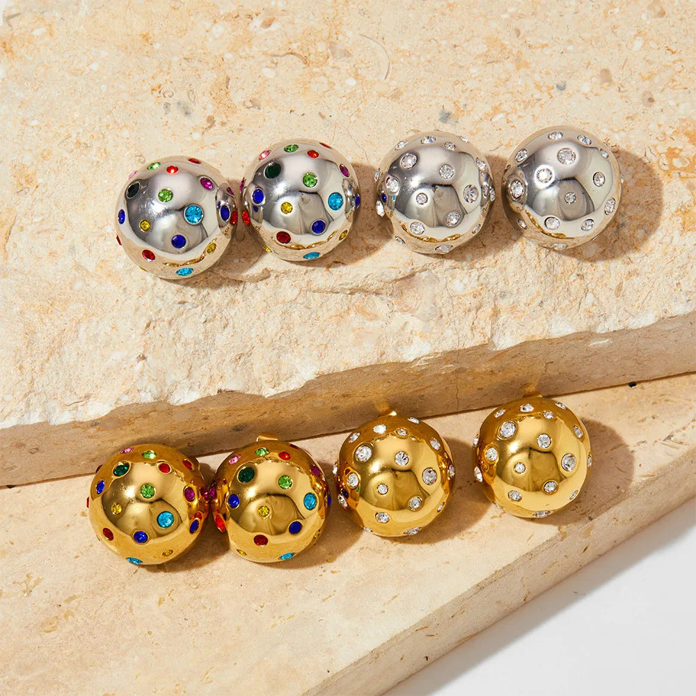 New Stainless Steel Round Shape Stud Earrings For Women Shiny Rhinestone Gold Plated Polished Hoops Ear Buckle Wed Jewelry