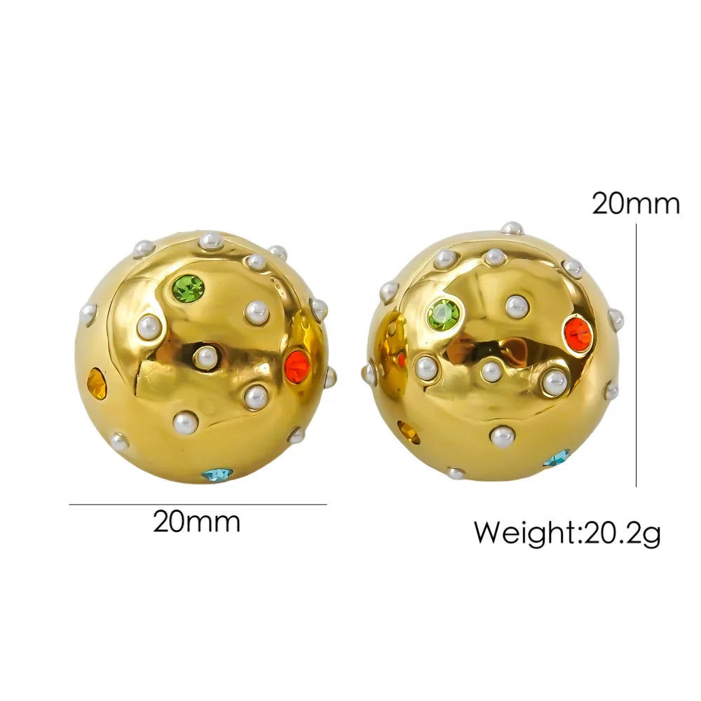 V. Fashionable Hemispherical Stainless Steel Earrings Set With Zircon Pearl Geometric Women Earrings Fine Polishing