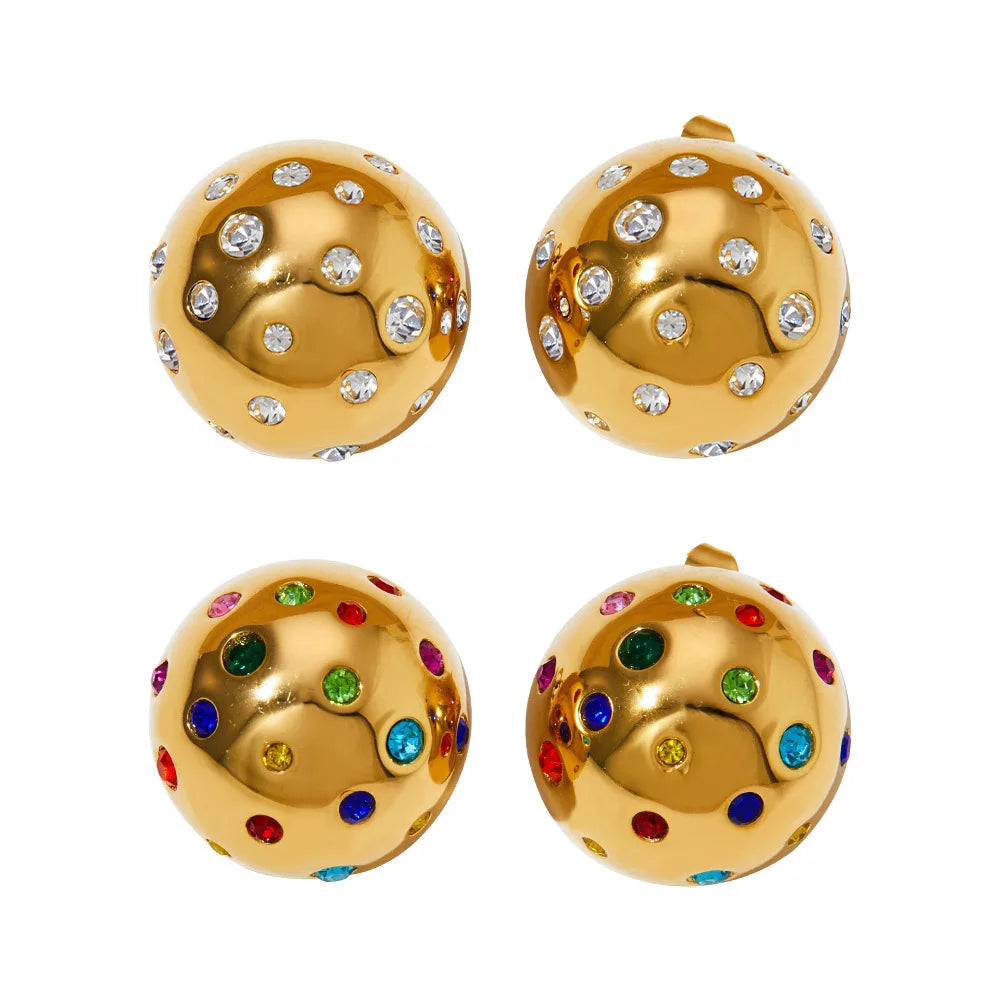 New Stainless Steel Round Shape Stud Earrings For Women Shiny Rhinestone Gold Plated Polished Hoops Ear Buckle Wed Jewelry