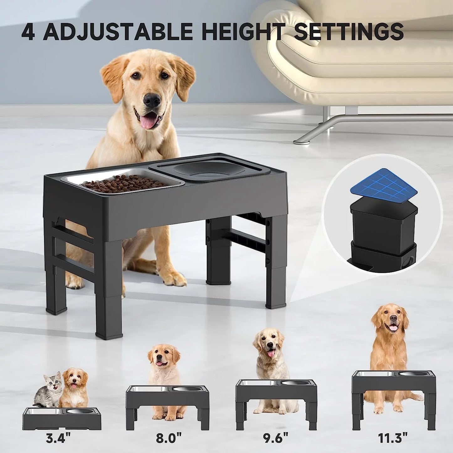 Elevated 2-in-1 Dog Bowl Set with Adjustable Height and No-Spill Water Bowl, Stainless Steel Food Bowl Stand