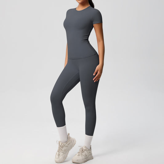 European And American Sports Nude Feel Skin-friendly Solid Color Sports T-shirt Stretch Short Sleeve Yoga Pants High Waist Workout Suit Women