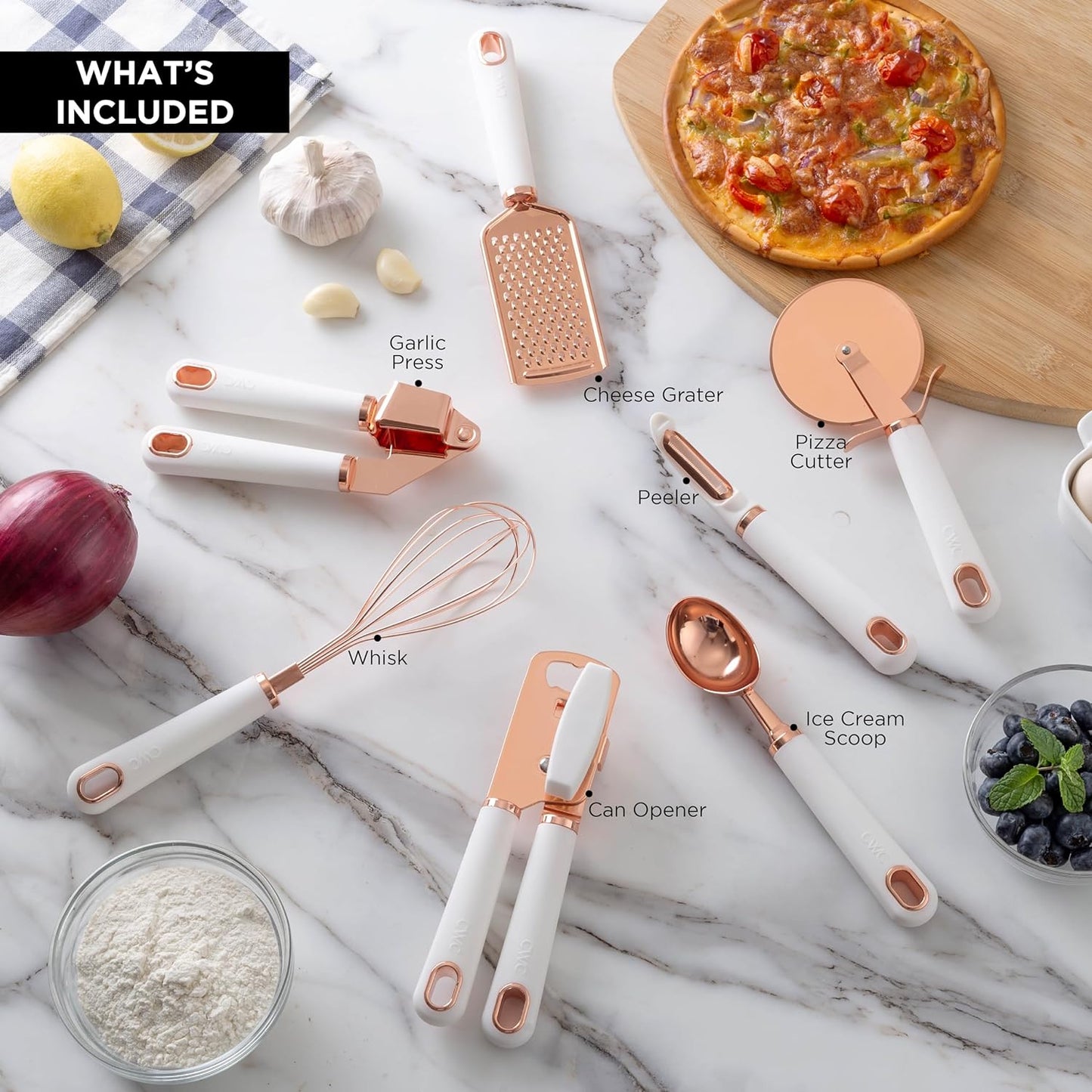Stainless Steel Kitchen Utensil Set with Soft Touch Handles, 7-Piece Copper and White Collection