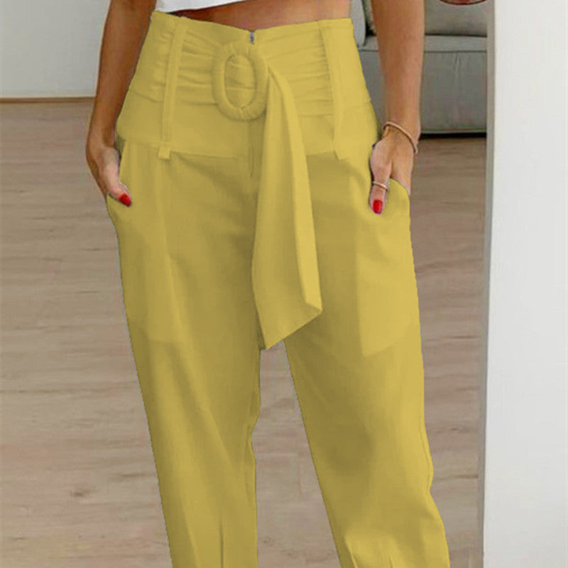 Women's Fashion Casual High Waist Straight Tapered Seventh Pants