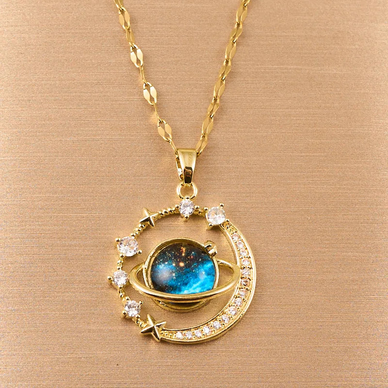 Exquisite Starry Sky Planet Light Necklace - Luxurious Stainless Steel Clavicle Chain with Stars And Moon Design for Versatile S
