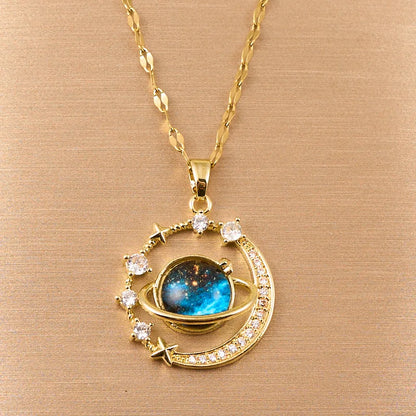 Exquisite Starry Sky Planet Light Necklace - Luxurious Stainless Steel Clavicle Chain with Stars And Moon Design for Versatile S