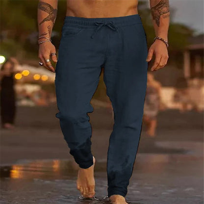 Men's Solid Color Cotton Linen Loose Beach Casual Pants