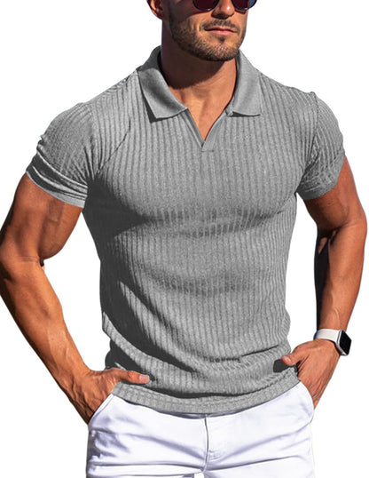 Polo Shirt Lapel V-neck Vertical Striped Short Sleeve Men's T-shirt