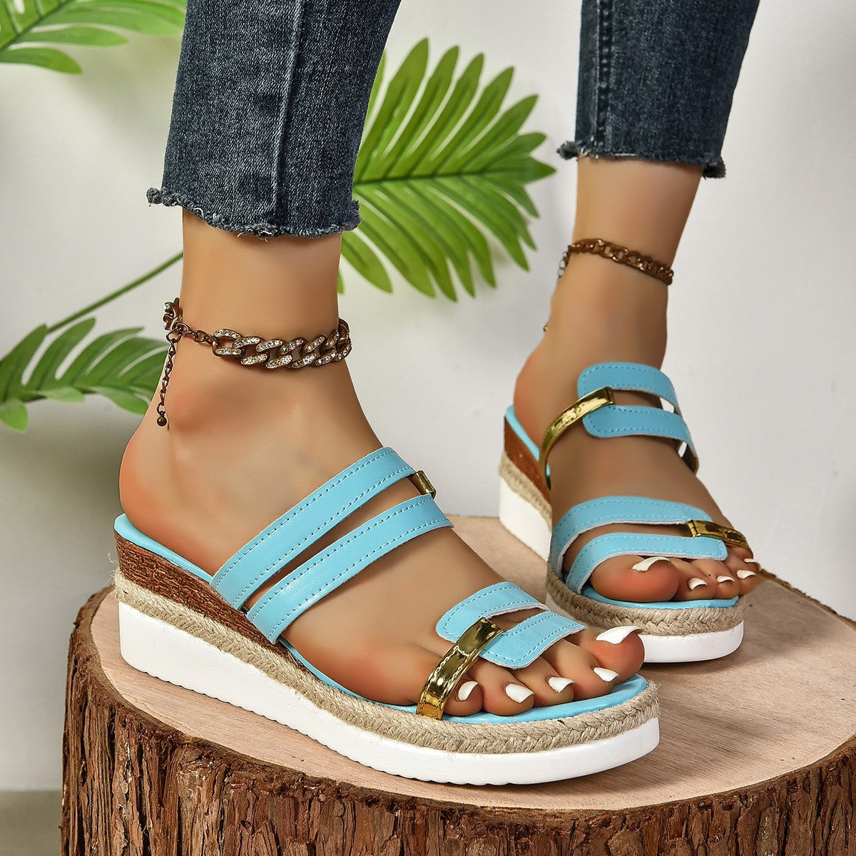 Colorblock-strap Wedges Sandals Summer Fashion Hemp Heel Slides Slippers Outdoor Thick Bottom Fish Mouth Shoes For Women