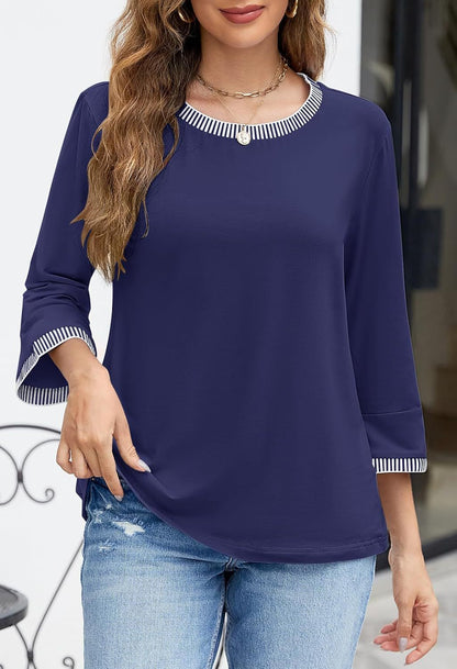 Women's Contrast Color Thread Round Neck Top Solid Color