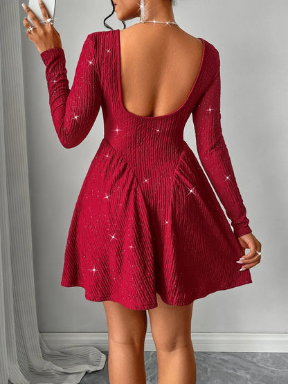 Long sleeved square neck dress sexy dress solid color autumn