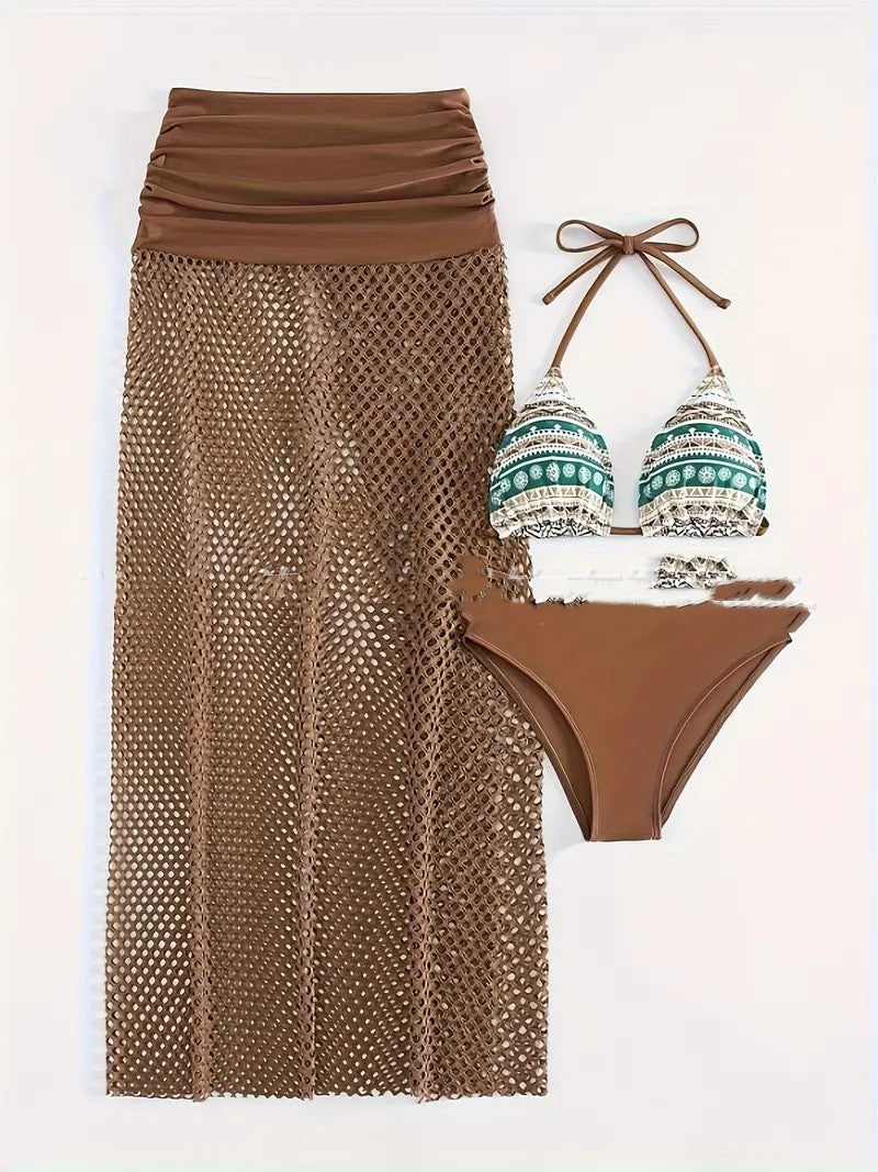 European And American Sexy Bikini Fishnet Long Skirt Three-piece Set For Women