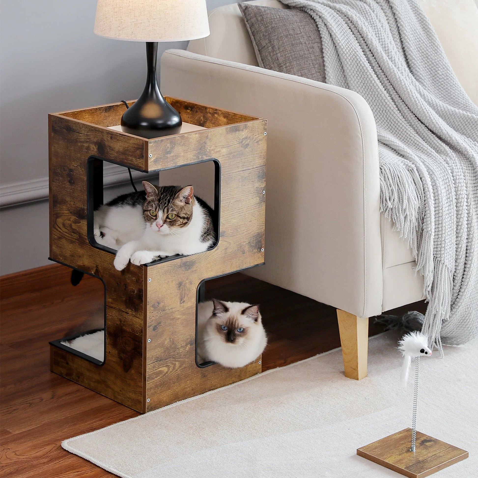 23-Inch Modern Indoor Cat Tree Tower with Free Toy, Scratching Pad, and Removable Soft Mats - Brown Cat Condo