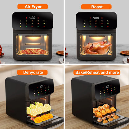 12QT Air Fryer Convection Oven with 10-in-1 Functionality, Touchscreen Control, and Visible Window in Black