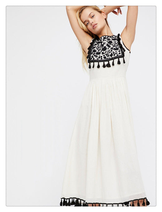 Color floral embroidery fringed tank top skirt