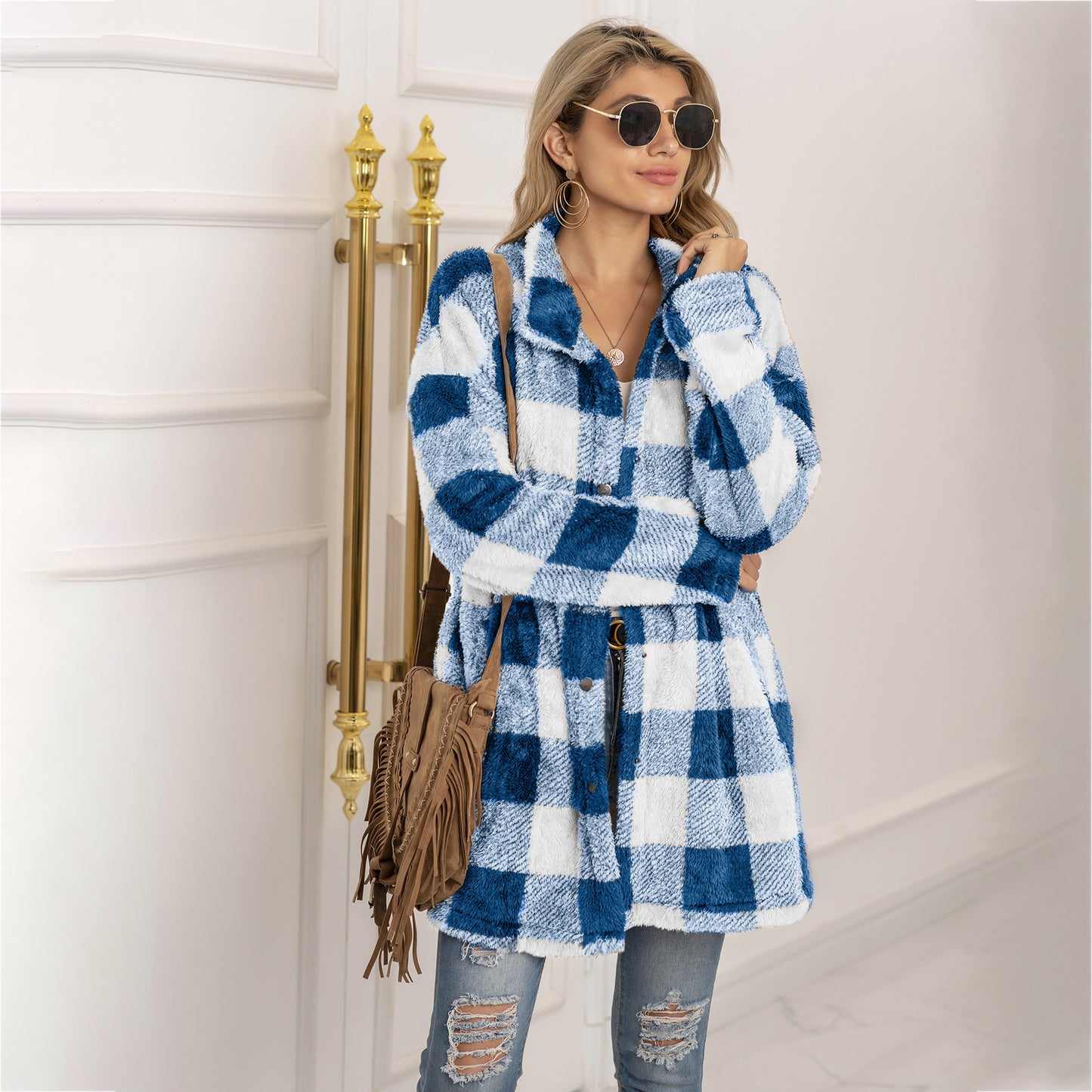 Colorblock Plaid Fleece Jacket Fashion Single Breasted Long Jacket Women's Clothing