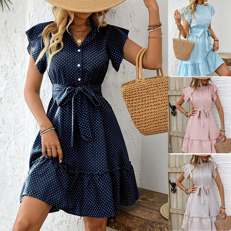 Summer elegant wave point lotus leaf sleeves A-line skirt with lace up mid skirt