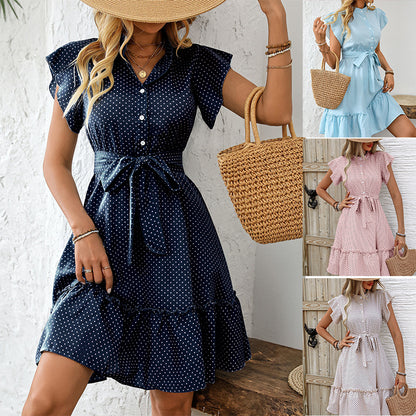 Summer elegant wave point lotus leaf sleeves A-line skirt with lace up mid skirt