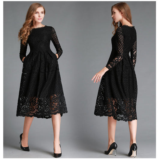 Autumn New Women's Clothing Dress Round Neck Hollow Simple Lace Long Sleeve Slim Midi Dress