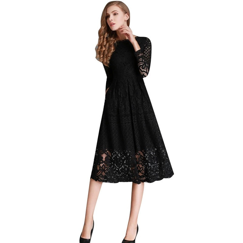 Autumn New Women&#039;s Clothing Dress Round Neck Hollow Simple Lace Long Sleeve Slim Midi Dress