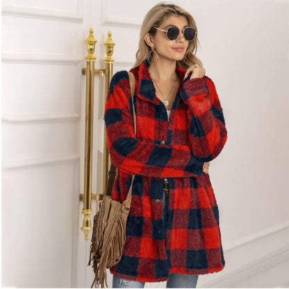 Colorblock Plaid Fleece Jacket Fashion Single Breasted Long Jacket Women's Clothing