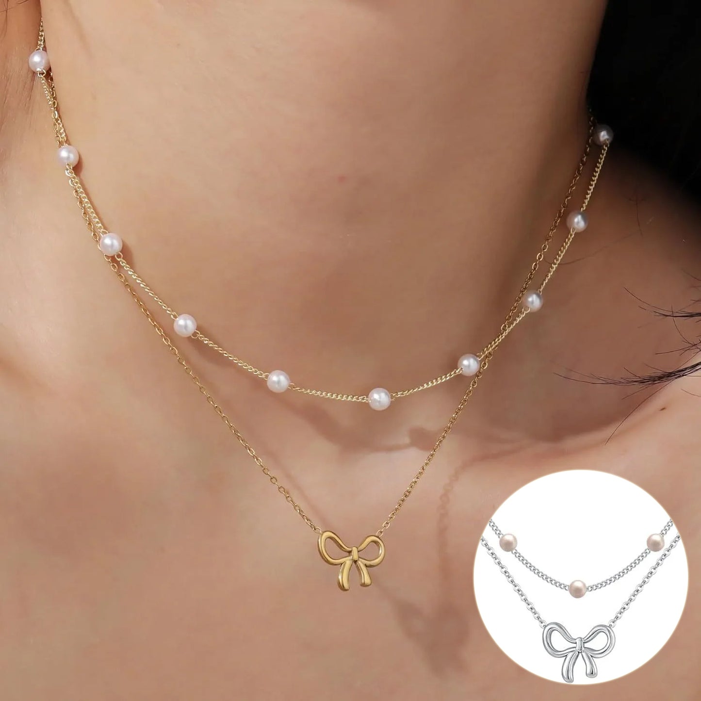 Simple Pearl Double Layer Choker Fashion Gold Color Necklaces Chain Small Bow Pendant Necklace Jewelry Gifts For Women Fashion Jewelry Valentine's Day Gifts