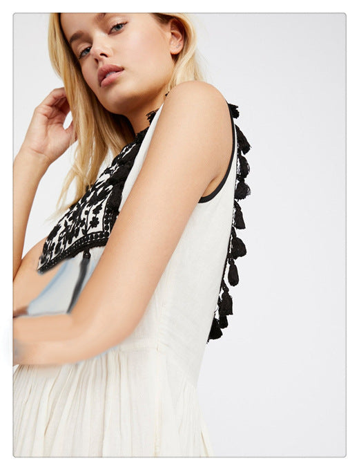 Color floral embroidery fringed tank top skirt