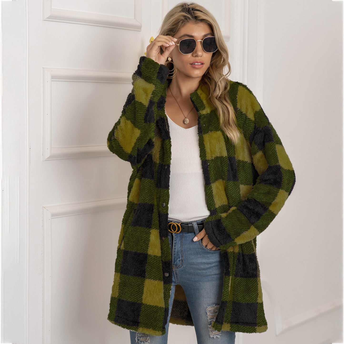 Colorblock Plaid Fleece Jacket Fashion Single Breasted Long Jacket Women's Clothing