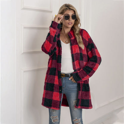 Colorblock Plaid Fleece Jacket Fashion Single Breasted Long Jacket Women's Clothing