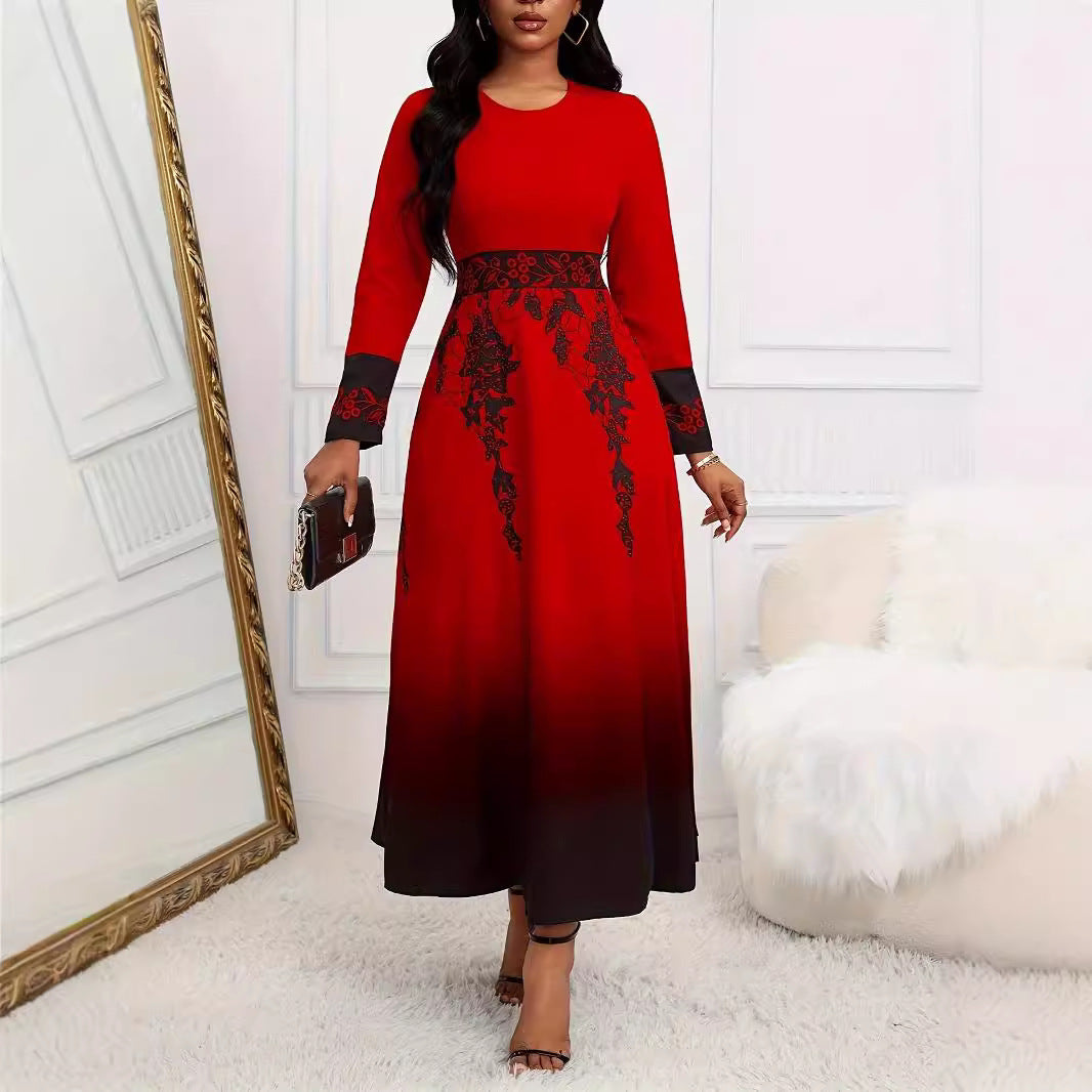 Women's Long Sleeve High Waist Print Gradient Large Swing Dress