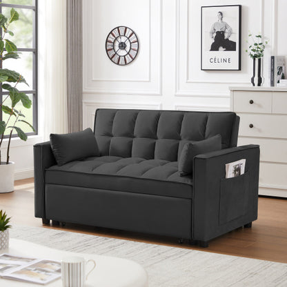 Modern Velvet Loveseat Futon Sofa Couch W  Pullout Bed,Small Love Seat Lounge Sofa W Reclining Backrest,Toss Pillows, Pockets,Furniture For Living Room,3 In 1 Convertible Sleeper Sofa Bed, Black