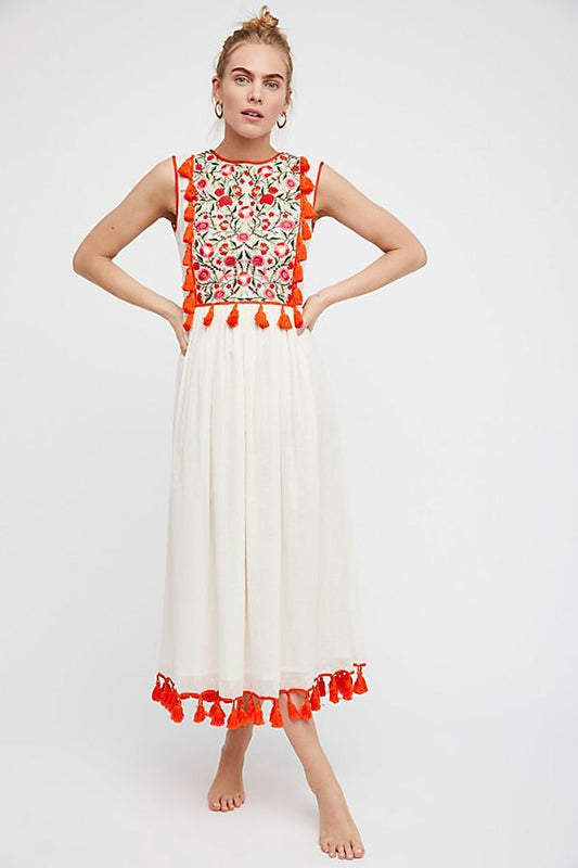 Color floral embroidery fringed tank top skirt
