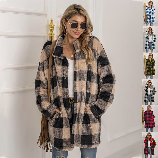 Colorblock Plaid Fleece Jacket Fashion Single Breasted Long Jacket Women's Clothing