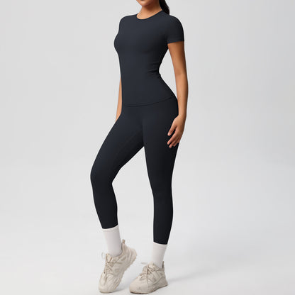 European And American Sports Nude Feel Skin-friendly Solid Color Sports T-shirt Stretch Short Sleeve Yoga Pants High Waist Workout Suit Women
