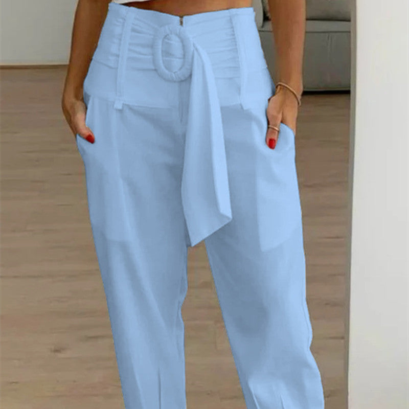 Women's Fashion Casual High Waist Straight Tapered Seventh Pants