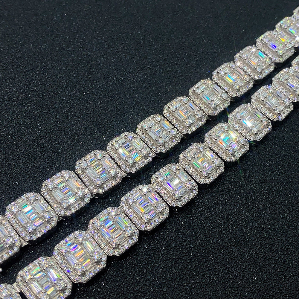 S925 Silver Inlay Rectangular Moissanite Cuban Link Chain