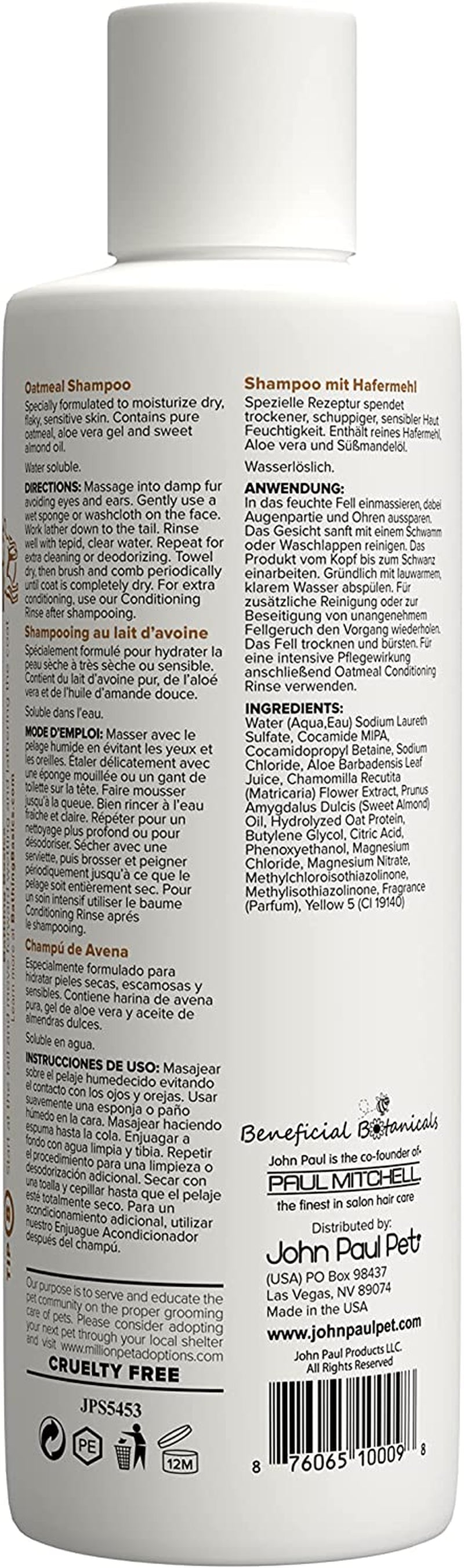 Oatmeal Shampoo for Dogs and Cats - Sensitive Skin Soothing Formula with Aloe, pH Balanced, Cruelty-Free, Paraben-Free, Made in the USA