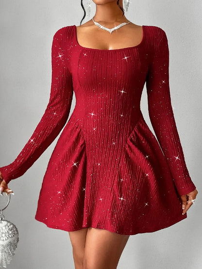 Long sleeved square neck dress sexy dress solid color autumn
